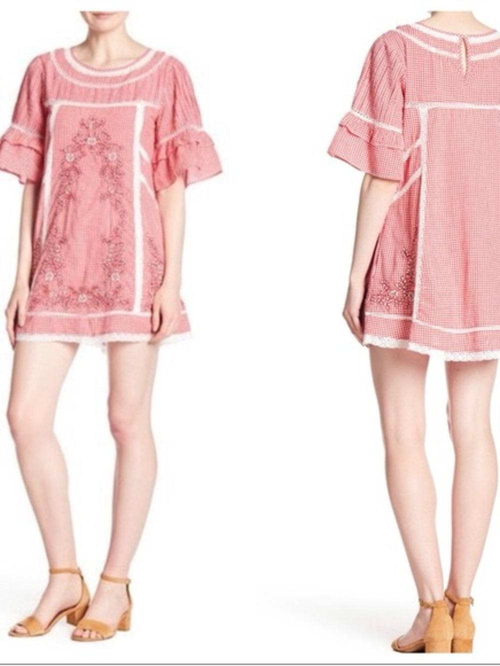 Free People Sunny Day Dress in Red Gingham with Embroidery, Boho cute!